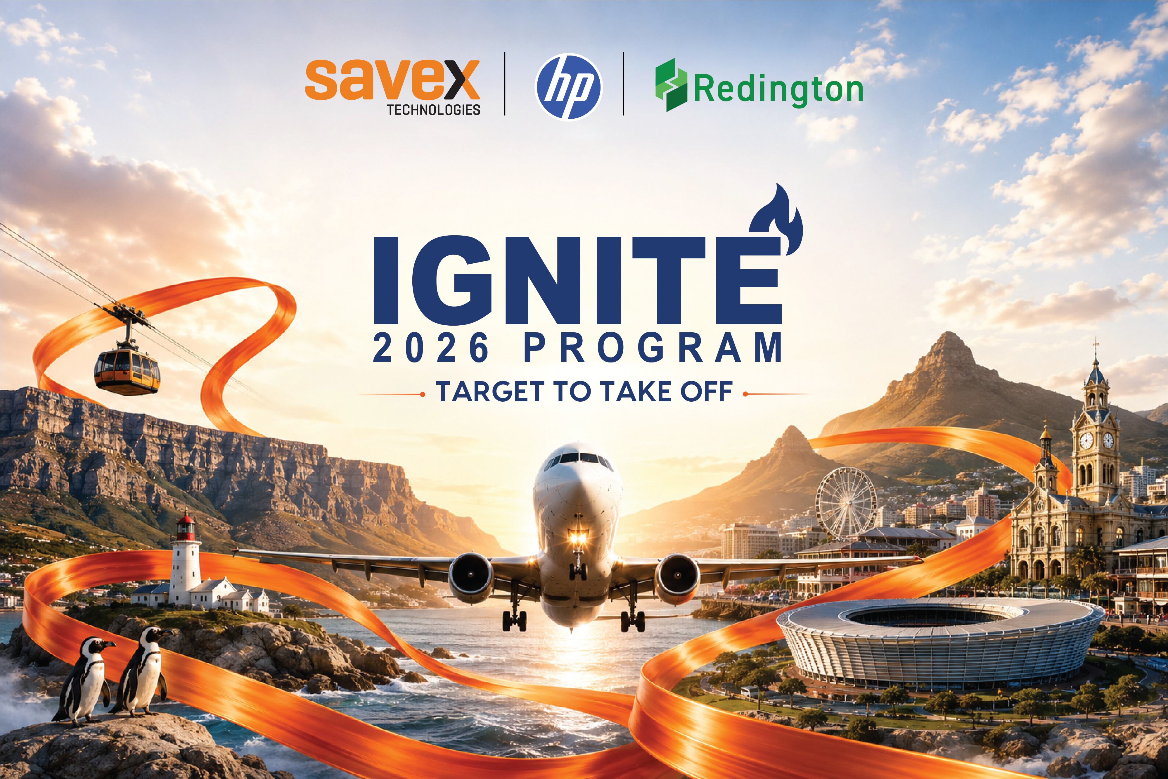 IGNITE 2026 Program — Target to Take Off. Savex Technologies, HP, Redington. Cape Town skyline with plane landing.
